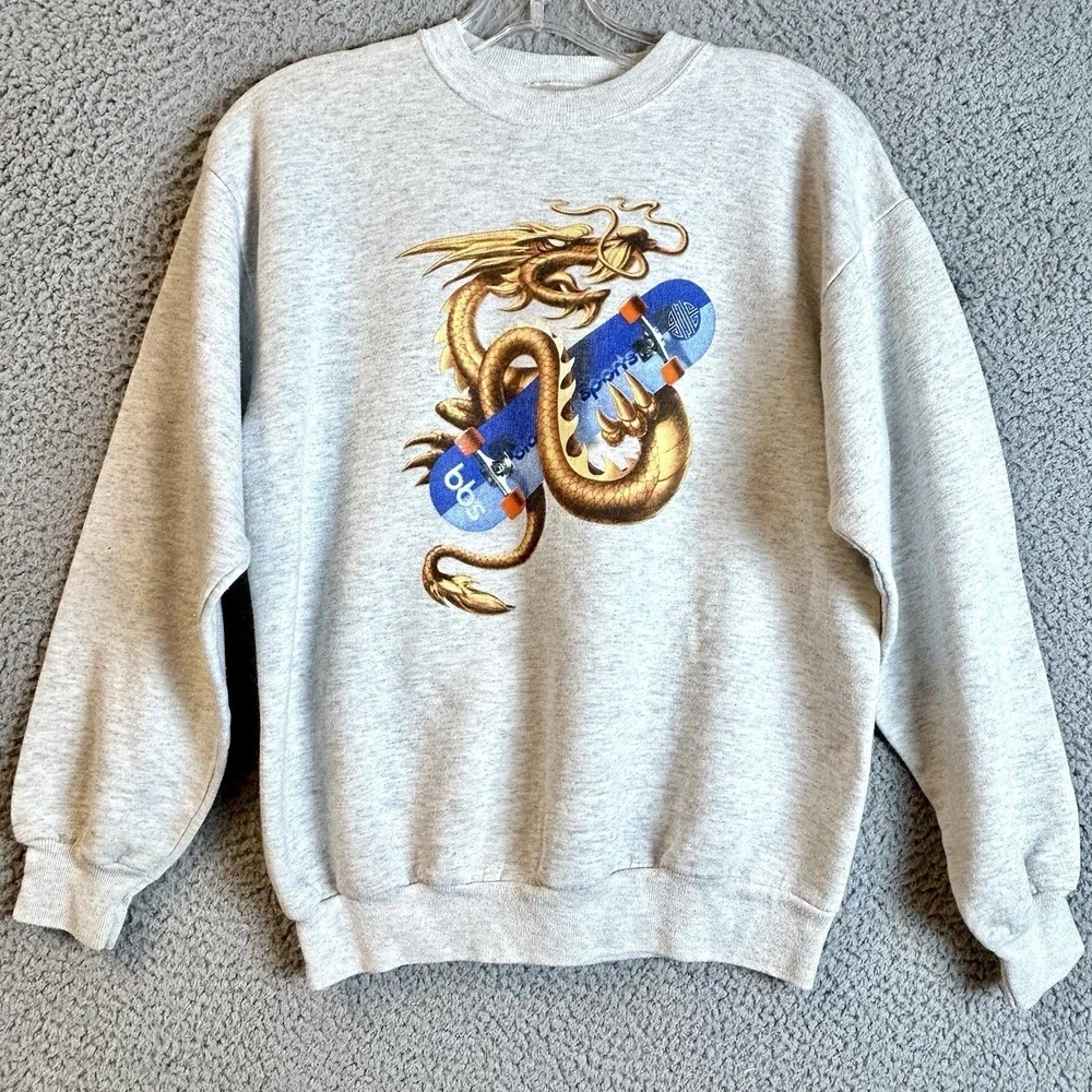 Vintage Y2K Dragon Skateboard Graphic Skater Crewneck Sweatshirt Boys XL